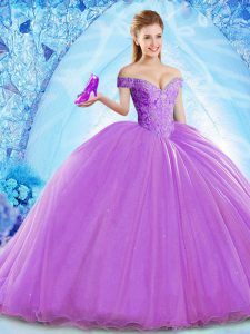 Lace Up Sweet 16 Dresses Lavender for Military Ball and Sweet 16 and Quinceanera with Beading Brush Train