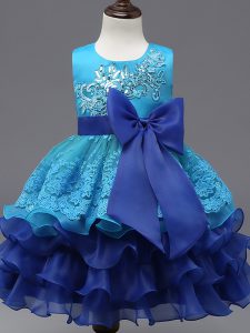 Top Selling Organza Scoop Sleeveless Zipper Lace and Ruffled Layers and Bowknot Kids Formal Wear in Royal Blue