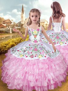 Discount Floor Length Lace Up Little Girl Pageant Dress Rose Pink for Party and Wedding Party with Embroidery and Ruffled Layers