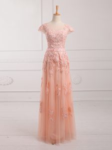 Stunning Peach Empire Scoop Cap Sleeves Tulle Floor Length Lace Up Lace and Appliques and Belt Mother of Bride Dresses