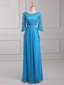 3 4 Length Sleeve Floor Length Beading and Lace and Belt Zipper Mother of the Bride Dress with Baby Blue