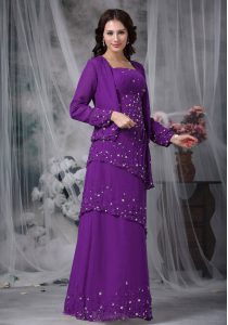 Purple Chiffon Zipper Straps Sleeveless Floor Length Mother of Bride Dresses Beading