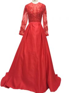 Glamorous Red A-line High-neck Long Sleeves Elastic Woven Satin Brush Train Zipper Lace and Appliques Mother of the Bride Dress
