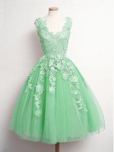 Deluxe Green Dama Dress for Quinceanera Prom and Party and Wedding Party with Appliques V-neck Sleeveless Lace Up