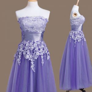 Sleeveless Tulle Tea Length Lace Up Court Dresses for Sweet 16 in Lavender with Appliques