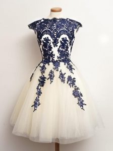 New Arrival Sleeveless Mini Length Appliques Lace Up Vestidos de Damas with Blue And White