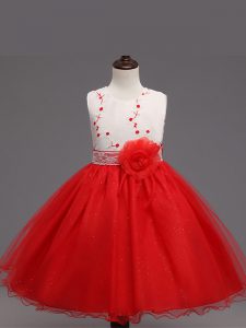 Red Kids Pageant Dress Wedding Party with Appliques and Hand Made Flower Scoop Sleeveless Zipper