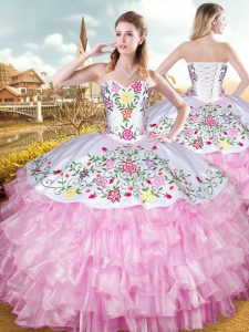 Great Ball Gowns Sweet 16 Dress Rose Pink Sweetheart Organza and Taffeta Sleeveless Floor Length Lace Up