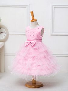 Organza Sleeveless Tea Length Pageant Gowns For Girls and Ruffled Layers and Bowknot