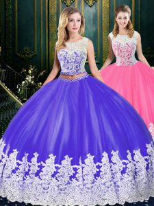 Sleeveless Floor Length Appliques and Embroidery Clasp Handle Quince Ball Gowns with Blue And White