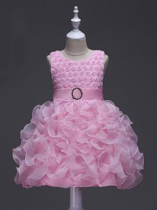 Admirable Rose Pink Scoop Lace Up Ruffles and Belt Custom Made Pageant Dress Sleeveless