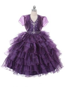 Nice Purple Halter Top Neckline Ruffled Layers Little Girl Pageant Gowns Sleeveless Lace Up