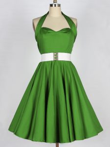 Green A-line Halter Top Sleeveless Taffeta Knee Length Lace Up Belt Quinceanera Dama Dress