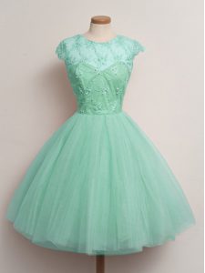 Customized Apple Green Lace Up Quinceanera Dama Dress Lace Cap Sleeves Knee Length