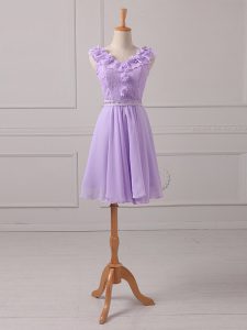 Lavender Chiffon Lace Up V-neck Sleeveless Mini Length Quinceanera Court of Honor Dress Lace and Appliques