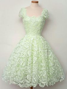 Flare Yellow Green A-line Lace Dama Dress for Quinceanera Lace Up Lace Cap Sleeves Knee Length
