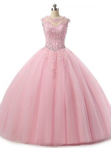 Baby Pink Scoop Neckline Beading and Lace Vestidos de Quinceanera Sleeveless Lace Up