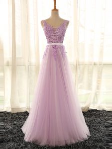 Glittering Lilac V-neck Lace Up Appliques Dama Dress Sleeveless