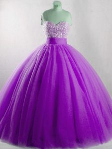 Amazing Floor Length Eggplant Purple Quince Ball Gowns Sweetheart Sleeveless Lace Up