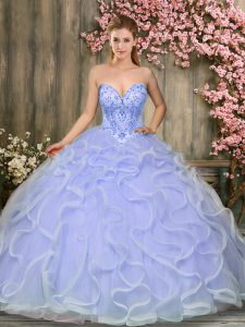 Custom Fit Beading and Ruffles Quinceanera Gown Lavender Lace Up Sleeveless Floor Length