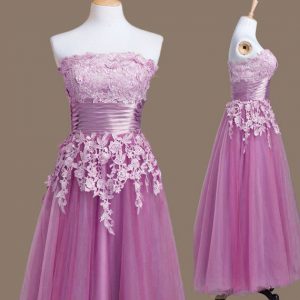 Tea Length Lace Up Vestidos de Damas Lilac for Prom and Party and Wedding Party with Appliques