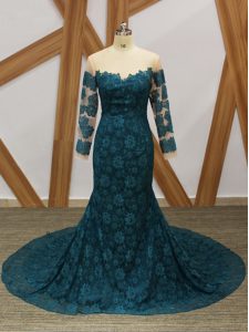 Teal Lace Zipper Mother of the Bride Dress Long Sleeves Lace