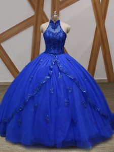 Extravagant Royal Blue Ball Gowns Tulle Halter Top Sleeveless Appliques Lace Up Quinceanera Gowns Brush Train