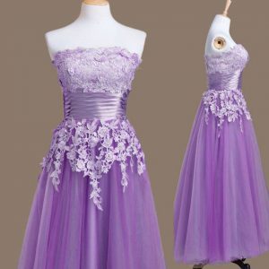 Inexpensive Lavender Dama Dress Prom and Party and Wedding Party with Appliques Strapless Sleeveless Lace Up