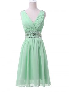 Apple Green Empire V-neck Sleeveless Chiffon Knee Length Zipper Beading and Ruching Damas Dress