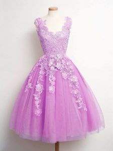 Graceful Lilac Lace Up Dama Dress for Quinceanera Lace Sleeveless Knee Length