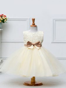 Champagne Scoop Zipper Lace and Bowknot Kids Formal Wear Sleeveless
