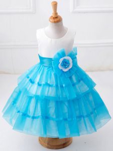 Baby Blue Flower Girl Dresses for Less Wedding Party with Ruffled Layers and Hand Made Flower Scoop Sleeveless Zipper