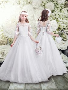 Inexpensive White A-line Scoop Half Sleeves Tulle Floor Length Lace Up Lace Flower Girl Dress