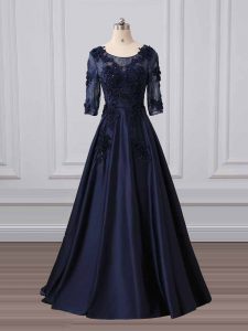 Modern Satin Scoop 3 4 Length Sleeve Brush Train Zipper Lace and Appliques Mother of the Bride Dress in Navy Blue