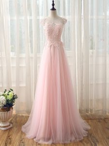 Baby Pink Empire Beading and Lace Dama Dress Zipper Tulle Cap Sleeves