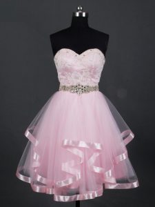 Custom Design Baby Pink Zipper Sweetheart Beading and Lace and Ruffles Dama Dress Tulle Sleeveless