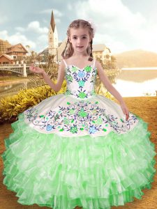 Inexpensive Organza and Taffeta Straps Sleeveless Lace Up Embroidery and Ruffled Layers Girls Pageant Dresses in Apple Green