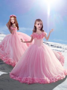 Lace Up Little Girl Pageant Dress Baby Pink for Wedding Party with Hand Made Flower Court Train