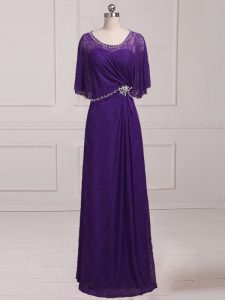 Purple Empire Beading and Appliques Mother of Bride Dresses Zipper Lace Sleeveless Floor Length