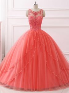 Custom Design Coral Red Sleeveless Brush Train Beading and Lace Quinceanera Gowns