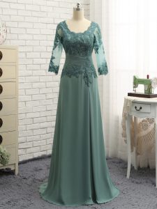 Exceptional Floor Length Green Mother of Bride Dresses Chiffon Long Sleeves Beading and Lace and Appliques