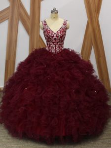 Unique Sleeveless Organza Floor Length Backless Ball Gown Prom Dress in Burgundy with Beading and Ruffles