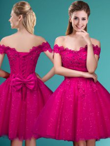 Captivating Fuchsia A-line Off The Shoulder Cap Sleeves Tulle Knee Length Lace Up Lace and Belt Quinceanera Court of Honor Dress