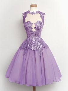 Lavender Chiffon Lace Up High-neck Sleeveless Knee Length Damas Dress Lace