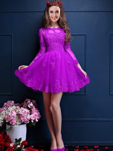 Scalloped 3 4 Length Sleeve Chiffon Vestidos de Damas Beading and Lace and Appliques Lace Up