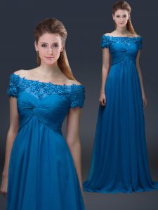 Modest Royal Blue Empire Off The Shoulder Short Sleeves Chiffon Floor Length Lace Up Appliques Mother Dresses
