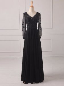 Black Mother of Bride Dresses Prom and Party and Military Ball with Lace and Appliques V-neck Long Sleeves Zipper