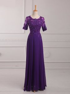 Captivating Chiffon Half Sleeves Floor Length Mother of Groom Dress and Lace and Appliques