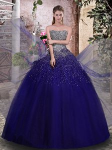 Fashionable Royal Blue Ball Gowns Strapless Sleeveless Tulle Floor Length Lace Up Beading Quinceanera Dresses