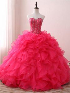 Gorgeous Hot Pink Ball Gowns Sweetheart Sleeveless Organza Floor Length Lace Up Beading and Ruffles Quinceanera Dress